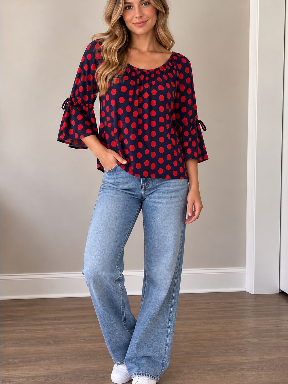 MICHAEL Michael Kors Navy and Red Polka Dot Peasant Blouse